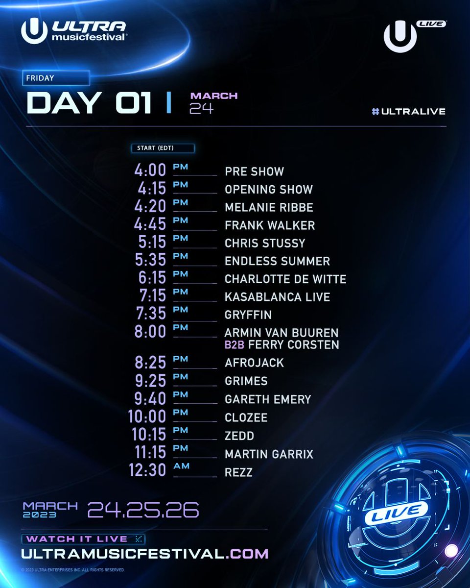 🇪🇸 #ULTRALIVE

21:20 Melanie Ribbe
21:45 Frank Walker
22:15 Chris Stussy
22:35 Endless Summer
23:15 Charlotte
00:15 Kasablanca
00:35 Gryffin
01:00 AvB b2b Corsten
01:25 AFROJACK
02:25 Grimes
02:40 Gareth
03:00 CloZee
03:15 Zedd
04:15 Garrix
05:30 Rezz

📺 youtube.com/@UMFTV