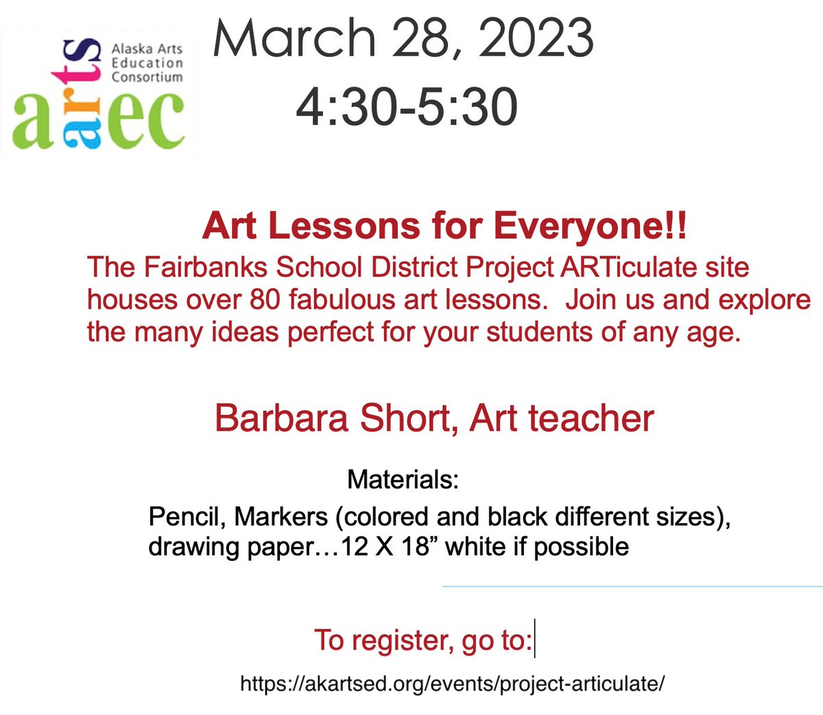 Sign-ups are open for the March #ArtByte! 3/28 virtual session w/ teacher Barbara Short - She'll review the free visual art lessons of Project ARTiculate from @fsdk12 ➡Free for AAEC districts. $5 for others. 4:30 AKST register by 3/27 at akartsed.org/educators/art-…