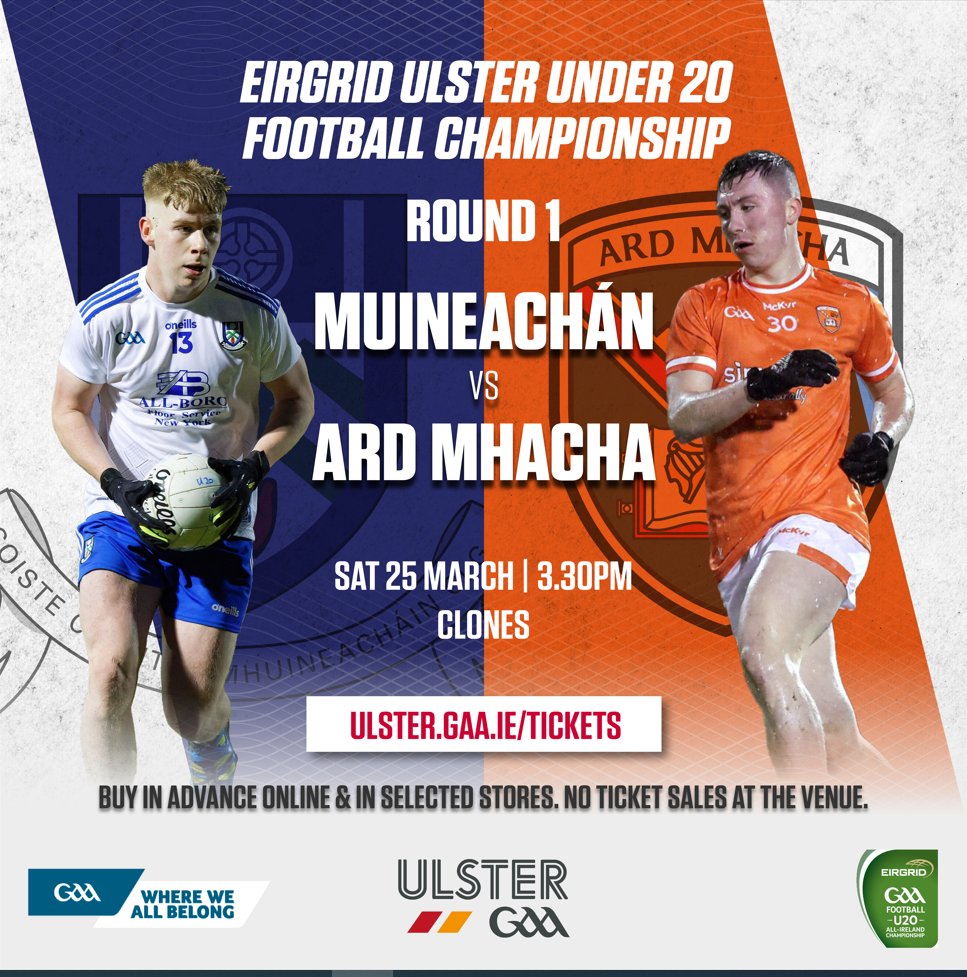 Ulster GAA (@ulstergaa) on Twitter photo Tomorrow's <a href="/EirGrid/">EirGrid Plc</a> #Ulster2023 Under 20 Championship opener between
<a href="/monaghangaa/">@monaghangaa</a>⬜️🟦 & <a href="/Armagh_GAA/">Armagh_GAA</a>
🟧⬜️ will be live streamed on Ulster GAA TV! 📺
📅⏰ Sat 25 March, 3.30pm
📍 Clones
Tickets here ➡ ulster.gaa.ie/tickets
Stream here ➡️ bit.ly/3FGevUx Tomorrow's <a href="/EirGrid/">EirGrid Plc</a> #Ulster2023 Under 20 Championship opener between
<a href="/monaghangaa/">@monaghangaa</a>⬜️🟦 & <a href="/Armagh_GAA/">Armagh_GAA</a>
🟧⬜️ will be live streamed on Ulster GAA TV! 📺
📅⏰ Sat 25 March, 3.30pm
📍 Clones
Tickets here ➡ ulster.gaa.ie/tickets
Stream here ➡️ bit.ly/3FGevUx