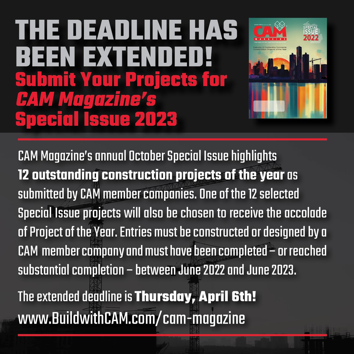 The deadline to submit your projects to this year's CAM Magazine Special Issue program has been extended to Thursday, April 6th! 
Have you built something beautiful? Let us share your success stories.  buildwithcam.com/cam-magazine #CAMMagazine #MichiganConstruction #BuildwithCAM