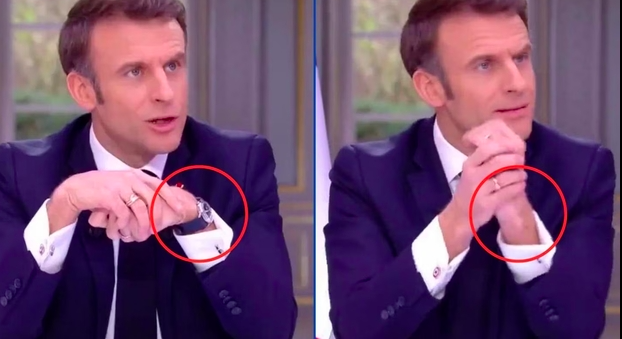 viaggrego's tweet photo. #Francesi furibondi, lo hanno visto in #Diretta #TV. #Macron parla di #Sacrifici, ma indossa un #Orologio da 80mila euro. Poi si accorge della #figuraccia e se lo #sfila di nascosto! (#VIDEO)! https://t.co/LSdfNNfmBm https://t.co/nZhGh4m3Nm
