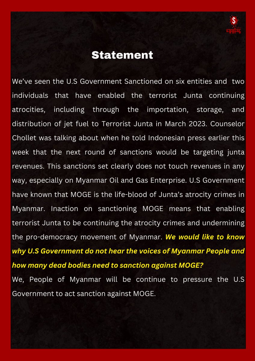 bloodmoney22222's tweet photo. @POTUS &amp; @USTreasury: Myanmar people have been demanding to #SanctionMOGE since 2021. We'd like to know why U.S Government do not hear the voices of Myanmar People and how many dead bodies need to #SanctionMOGE? https://t.co/Epp0sLfi0I