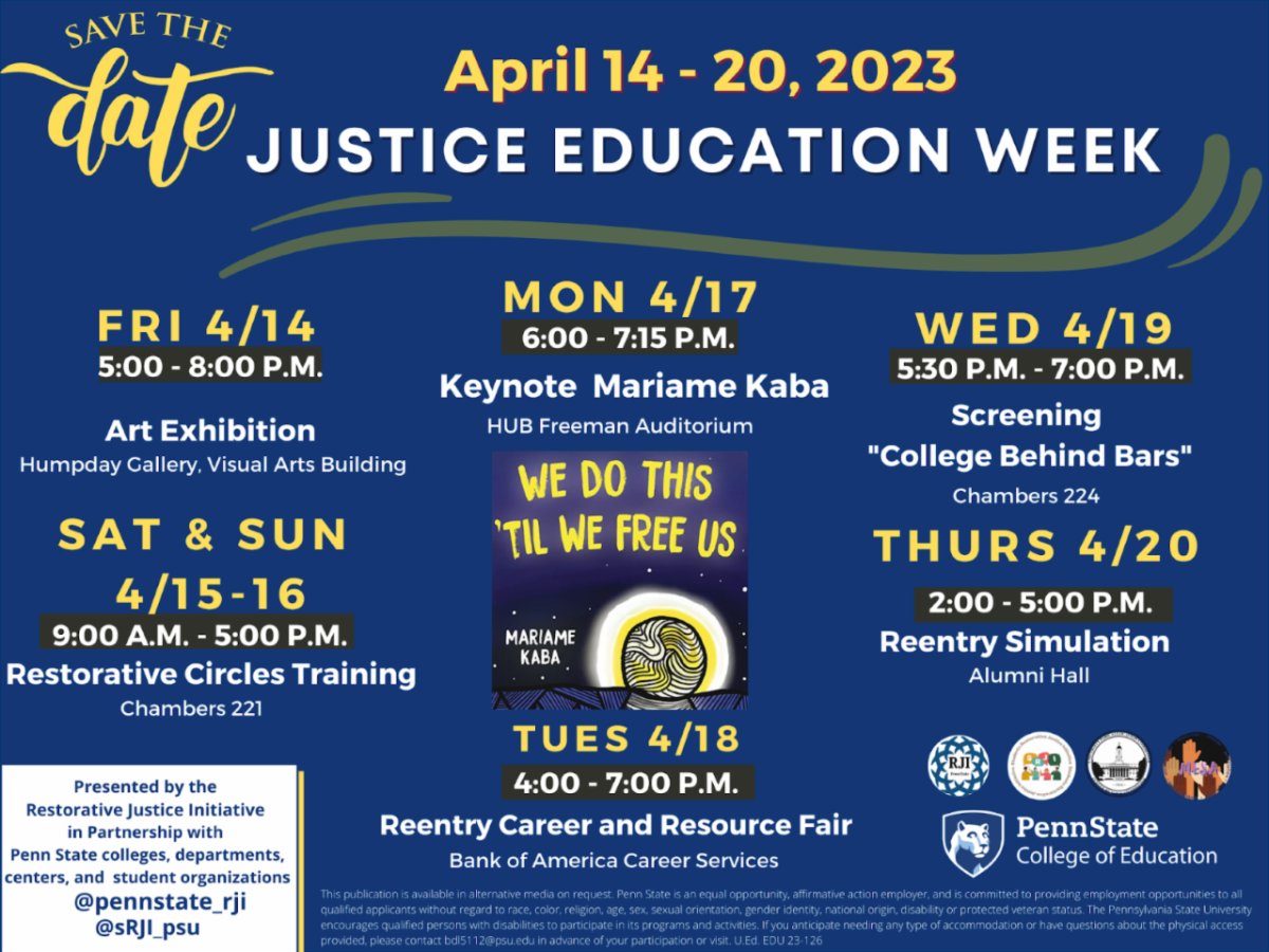 Excited to see these events for Justice Education Week 2023 sponsored by CECR collaborator, Restorative Justice Initiative and other PSU sponsors. More information here: ed.psu.edu/justice-educat…
#JustED2023