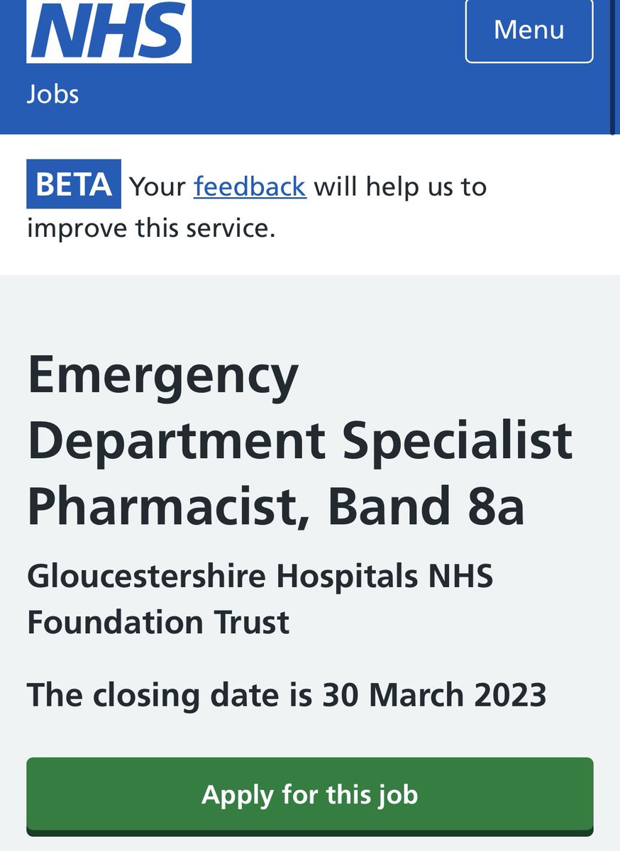 JOB ALERT: 
Band 8a Emergency Department Specialist Pharmacist
An exciting time to join after the development of a state-of-the-art ED following a £17.3M new build, and as we establish and develop the clinical pharmacy service to our ED. 
Have a look:
beta.jobs.nhs.uk/candidate/joba…
