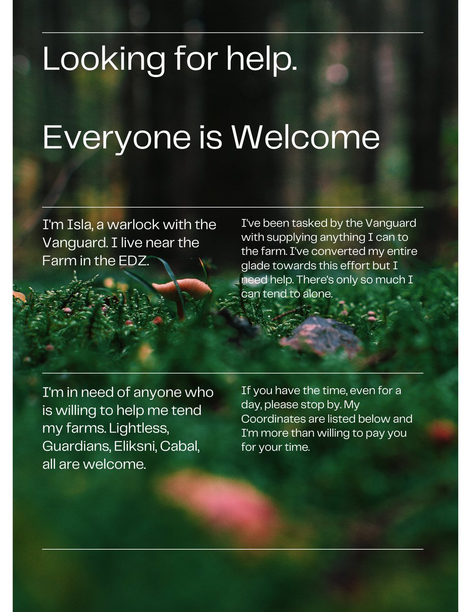 Isla has put up flyers all over the Tower, the Last City, the Eliksni Quarter and the Farm. 

Working in her Glade she's available at any hour for visitors.

{Open Starter for anyone who wants to}