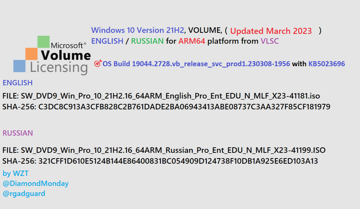 WZorNET's tweet photo. 😻📢We added 2 NEW ISO from #VLSC https://t.co/yqmblEXT68 #ENGLISH/#RUSSIAN, (#UpdatedMarch2023), Windows 10 Version #21H2 CLIENT #BUSINESS for ARM64❗️, #VOLUME to WZT cloud👨💻👉https://t.co/8ZHnR790yS
🎯OS Build 19044.2728.vb_release_svc_prod1.230308-1956 with #KB5023696
by W.Z.T https://t.co/Ijze7PCsgN