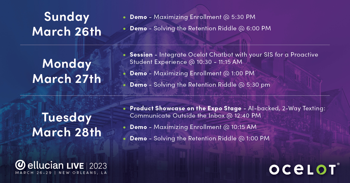 ocelotone1's tweet image. #elive23 is just around the corner💃🎊 Find us at booth #809 to connect with our team for daily product demos, sessions, and giveaways. hubs.li/Q01H-Zg80 #highereducation #edtech #studentsuccess