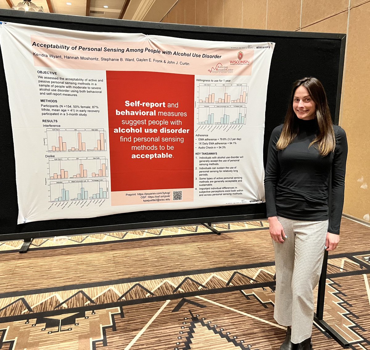 KendraWyant's tweet photo. Representing ARC at #cpa2023! Come talk to me about the acceptability and feasibility of using personal sensing methods in substance use populations at my poster (#48). https://t.co/w5um1hexyq