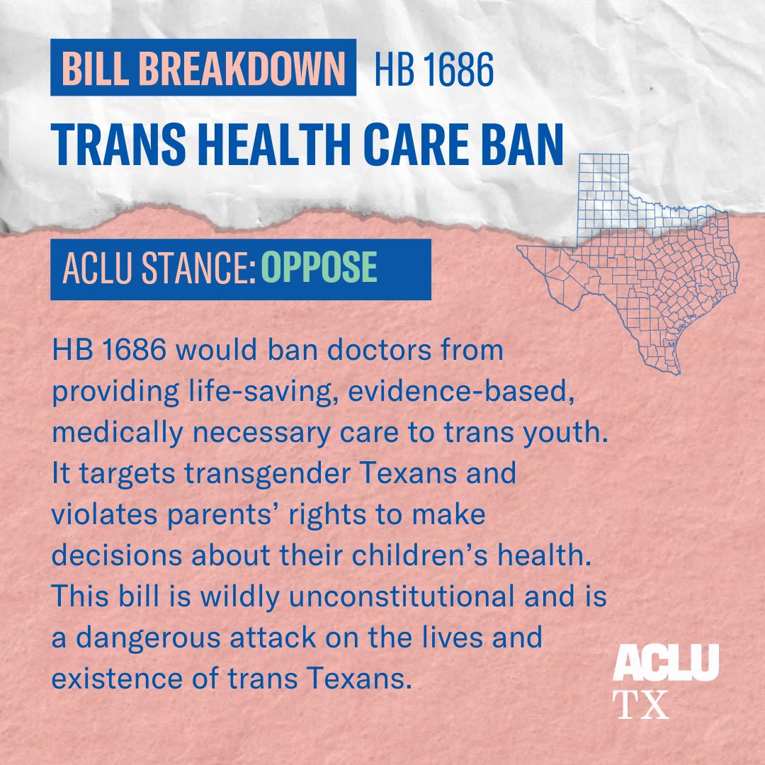 White and pink background with Texas state outline on right side. Words: "Bill Breakdown: HB 1686 TRANS HEALTH CARE BAN.

ACLU Stance: Oppose.

HB 1686 would ban doctors from providing life-saving, evidence-based, medically necessary care to trans youth. It targets transgender Texans and violates parents’ rights to make decisions about their children’s health. This bill is wildly unconstitutional and is a dangerous attack on the lives and existence of trans Texans.  