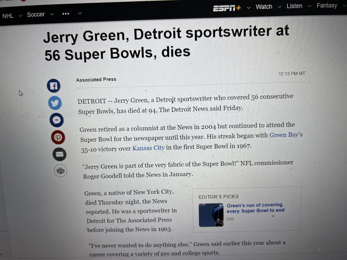 sportsxradio's tweet photo. Our prayers & condolences for #JerryGreen @freep for decades & attended the first (56) #SuperBowls in person- Jerry passed away today at age 94 - @ChristianWinn knew his work well growing up in #Michigan - @kenthomson87 https://t.co/y7srGxaV7G