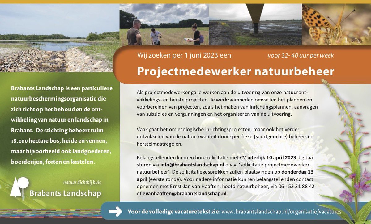 Werken bij @Brab_Landschap en bijdragen aan natuurontwikkeling en natuurkwaliteit? We hebben nu twee bijzondere vacatures:

-Projectmedewerker natuurbeheer

-Medewerker ecologie en monitoring

Solliciteren kan t/m 10 april!