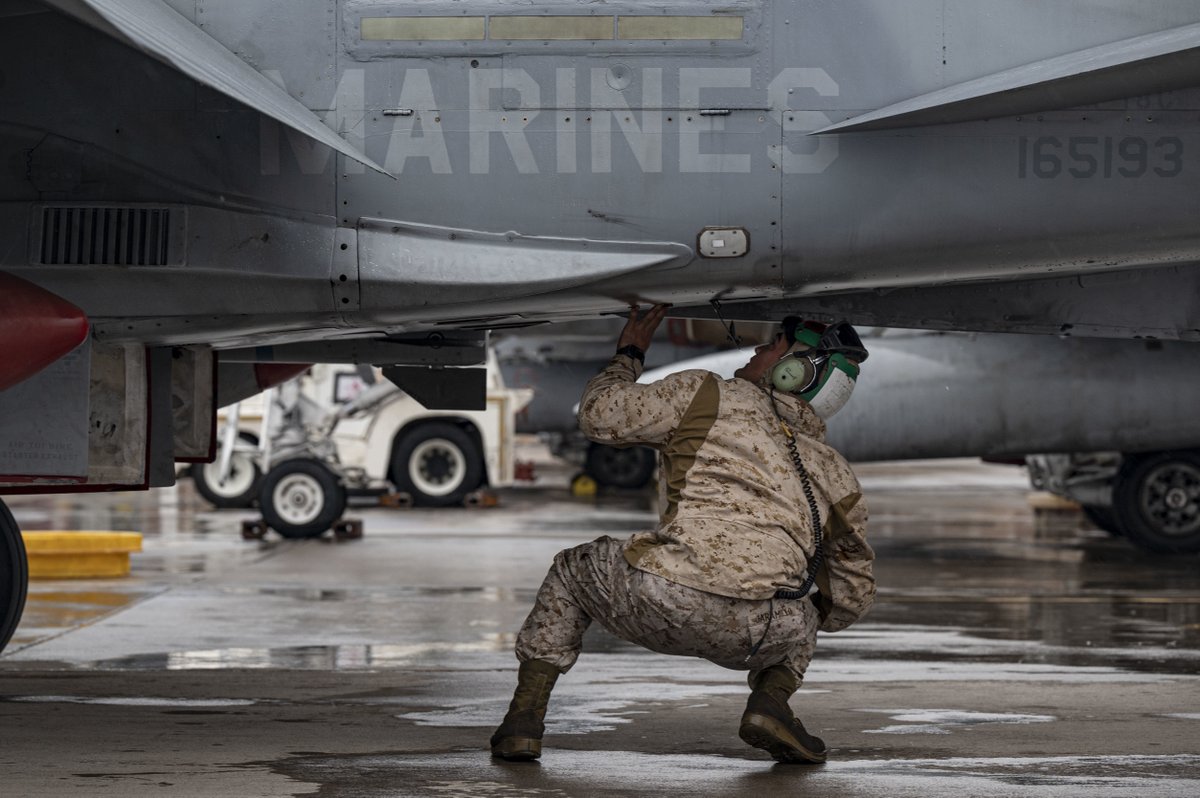 Cpl. Brian Jaramillo performs routine maintenance on an F/A-18 Hornet during Red Flag-Nellis 23-2 at <a href="/NellisAFB/">Nellis Air Force Base</a>, March 14.

#Marines from VMFA-233 are participating in the exercise to test their capabilities alongside fifth-generation aircraft. #MarineAviation