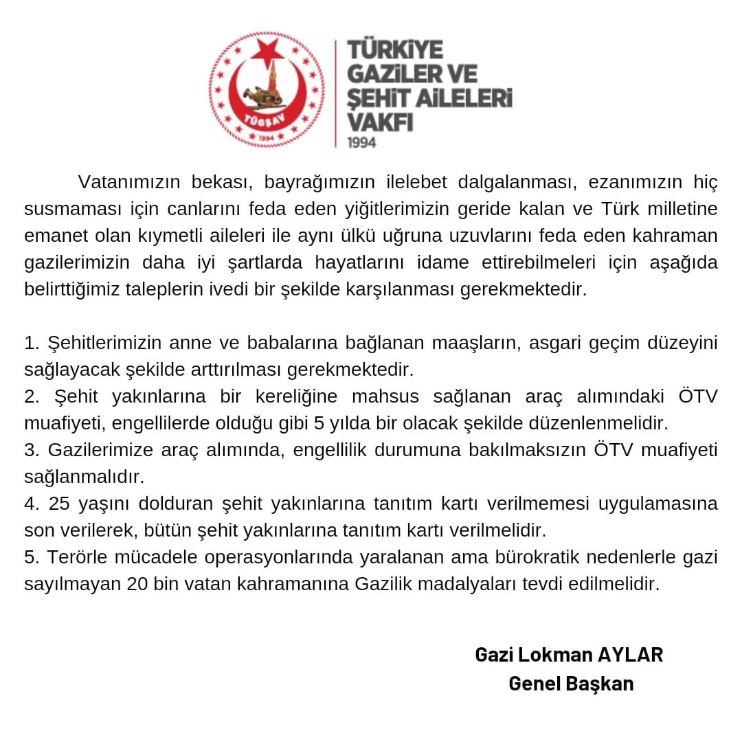 GazilerVakfi's tweet photo. Vatan kahramanlarının daha iyi şartlarda hayatlarını idame ettirebilmeleri için, taleplerimiz ivedi bir şekilde kanunlaşmalıdır.
@RTErdogan @dbdevletbahceli @Mustafa_Destici @tcbestepe @HMBakanligi @tcailesosyal @csgbakanligi @NureddinNebati @vedatbilgn @ikalin1 @hasandogan https://t.co/95GLKppq2c