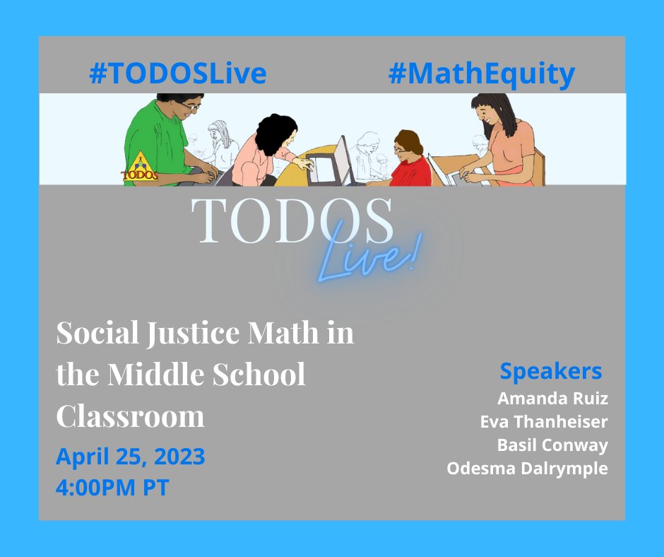 @todos-math.bsky.social (@movedtoblusky) on Twitter photo The postponed TODOSLive! on teaching Social Justice Math in Middle School Classroom has been rescheduled for April 25 at 4pm PT.
@thanheiser <a href="/ProfessARuiz/">Dr. Amanda Ruiz</a>
Registration: us02web.zoom.us/webinar/regist…
#MathEquity #TODOSLive The postponed TODOSLive! on teaching Social Justice Math in Middle School Classroom has been rescheduled for April 25 at 4pm PT.
@thanheiser <a href="/ProfessARuiz/">Dr. Amanda Ruiz</a>
Registration: us02web.zoom.us/webinar/regist…
#MathEquity #TODOSLive