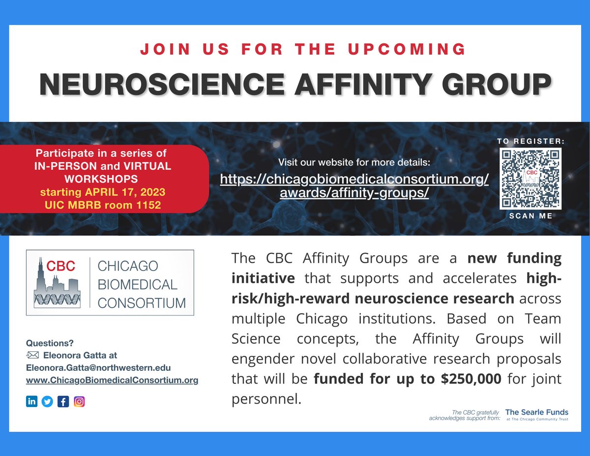 So excited to announce a new funding program Neuroscience #AffinityGroup! The Inaugural meeting is April 17th! @bsdpostdoc @UICPostdoc @NUPostdocs @NMNeurology @uicsnpp @UChicago_Neuro @UICneuroscience @NUneurobio @UICPsychology @PsychiatryUic Learn more chicagobiomedicalconsortium.org/affinity-group…