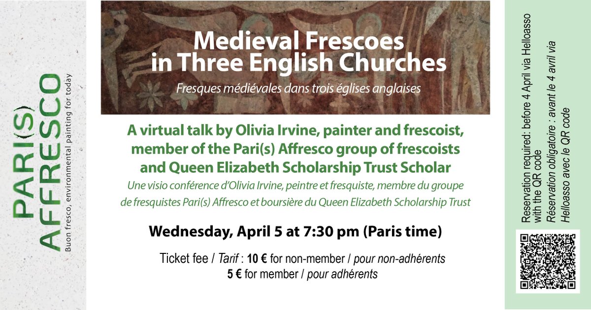 A new Zoom talk given by @IrvineOlivia, member of our collective of frescoists and @QEST scholar, on April 5, 7:30pm (Paris time). Registrations : helloasso.com/associations/p…
 @QESTcraft #medievalart #mural #fresco #affresco #Englishart #art #craft @INMAorg @REMPART_asso