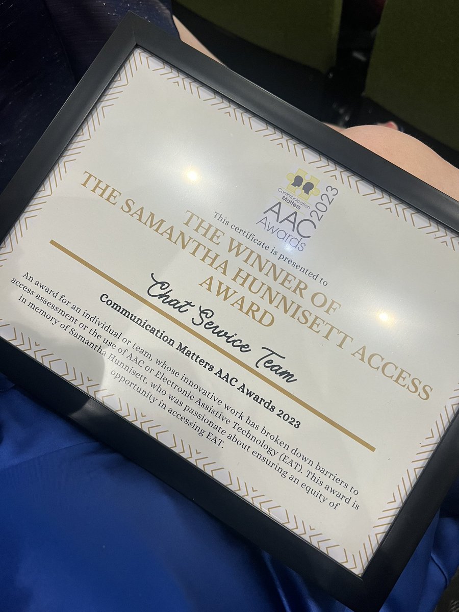 AACSCTCI's tweet photo. The CHAT Service Team @AACSCTCI are honoured to have won The Samantha Hunnisett Access Award for the delivery of the service for people who use #AAC in @NHSGGC #onlygettingstarted #AACawards2023 https://t.co/HOBN2BF0qp