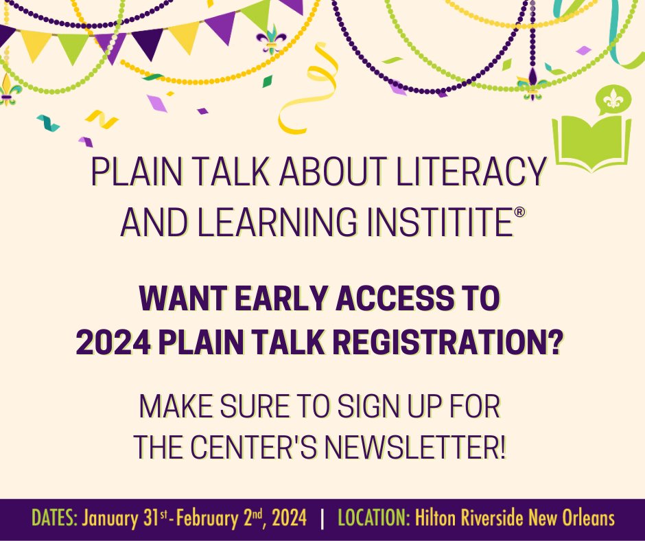 cll_teach's tweet photo. Want early access to 2024 Plain Talk Registration? Make sure to sign up for The Center's newsletter before March 29th! To sign up for the newsletter, visit https://t.co/VNjTHKtViy and scroll to the footer "Sign Up for our Newsletter".
#PlainTalkNOLA https://t.co/rQAoeRef4e