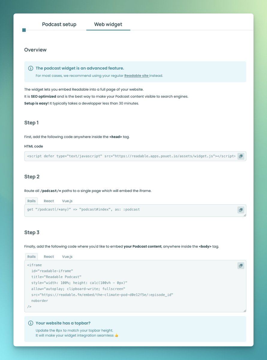 cblavier's tweet image. Documenting how to integrate @readablefm's widget is more tedious than expected!

But we don't want to compromise on SEO, so it's a bit more complex than just dropping a Youtube iframe.

Next step: documenting setup in a WordPress site

#buildinpublic