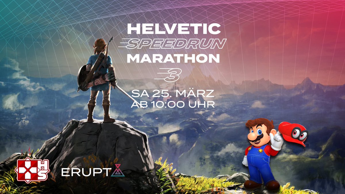 ⚠Friendly reminder!⚠

Tomorrow HSM#3 will happen at the <a href="/erupt_lounge/">Erupt Lounge</a>!🍹

Door opening: 9:30🚪
Stream start: 10:00🕙
Stream end: ~22:30ish⏱

Stream:🖥twitch.tv/helveticspeedr…

Schedule:🎮oengus.io/en-GB/marathon…

Hope we'll see lots of you tomorrow at the public viewing!👀