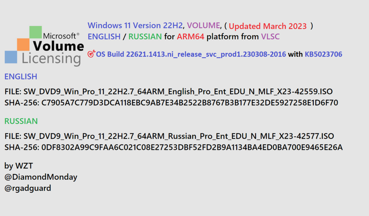 WZorNET's tweet photo. 😻📢We added 2 NEW ISO from #VLSC https://t.co/yqmblEXT68 #ENGLISH/#RUSSIAN, (#UpdatedMarch2023), Windows 11 Version #22H2 CLIENT #BUSINESS for ARM64❗️, #VOLUME to WZT cloud👨💻👉https://t.co/ptcV20s1HO
🎯OS Build /22621.1413.ni_release_svc_prod1.230308-2016 with #KB5023706/
by WZT https://t.co/cAmH3xqHB8