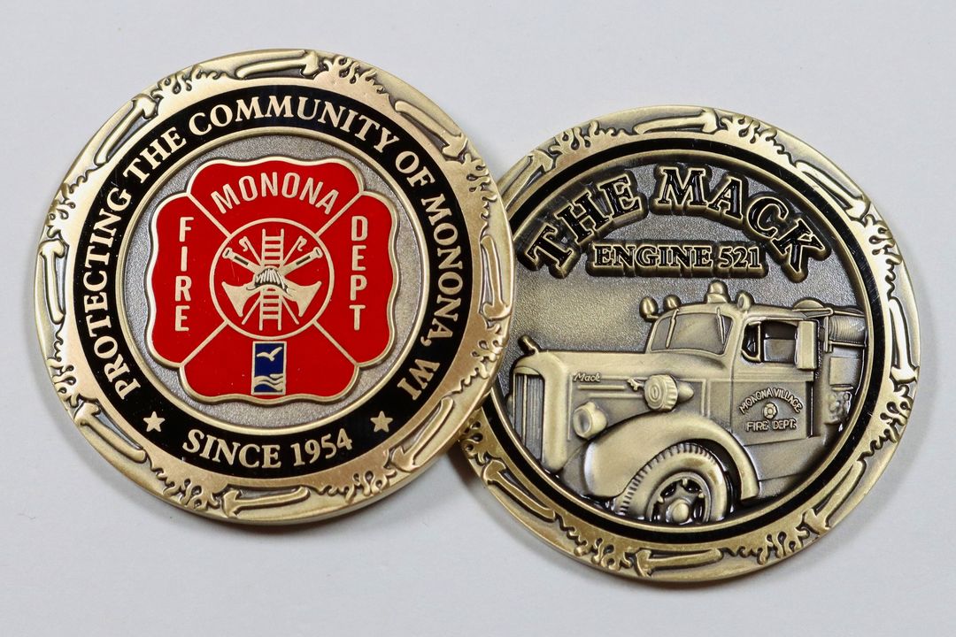 The Monona Fire Dept had SymbolArts make this coin featuring a 3D depiction the historic fire pumper, The Mack. #symbolarts #symbolartscoins #challengecoins #customcoins #firecoins