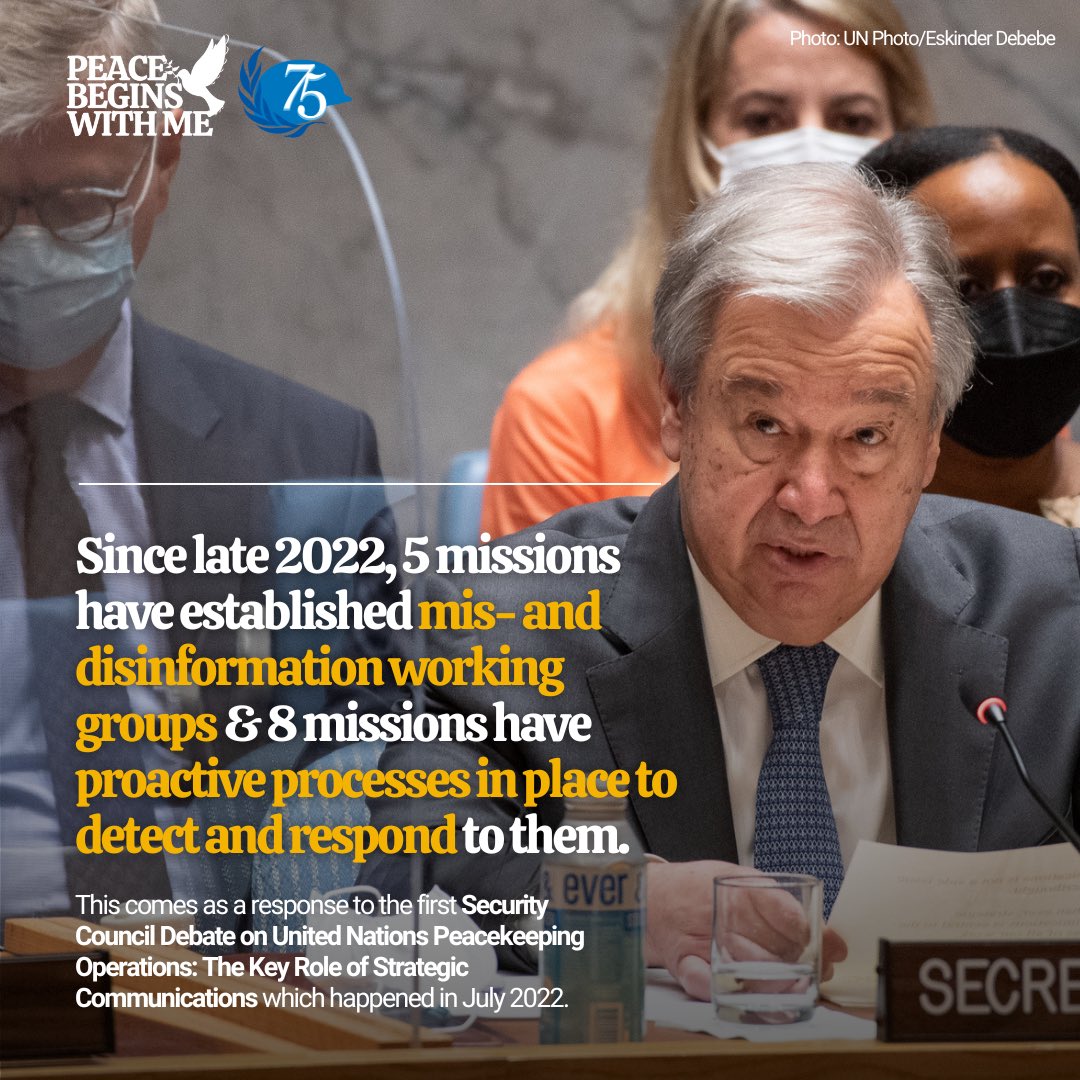 Lacroix_UN's tweet photo. Peace operations face growing threats, including misinformation &amp; hate speech. Most @UNPeacekeeping missions now have processes in place to proactively detect them &amp; respond to them as part of the #A4P+ priority on Strategic Communications. https://t.co/hpApiAIeSm