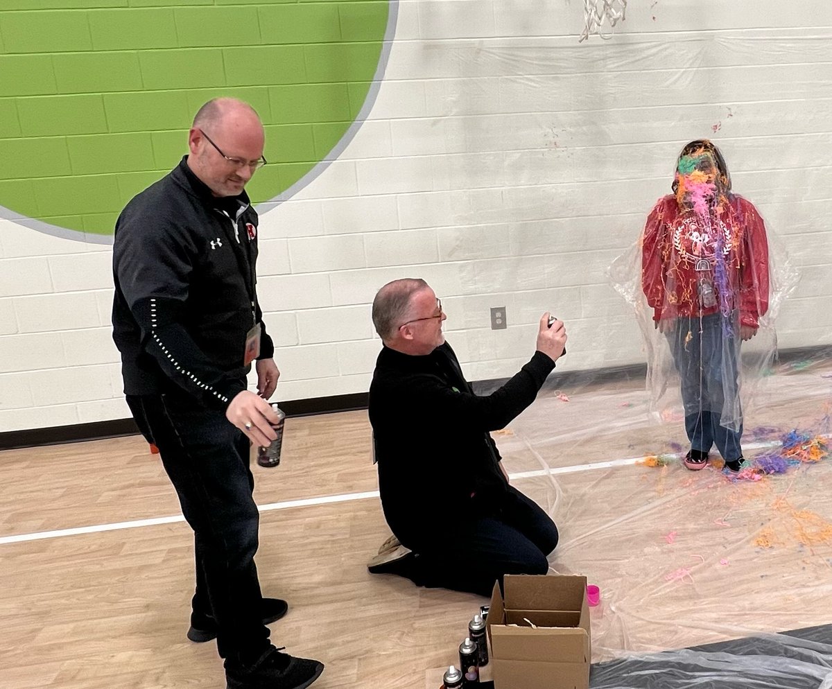 Silly string day was a team effort! Thanks @HSDCurriculum & @HuronSchoolDist for joining the fun!