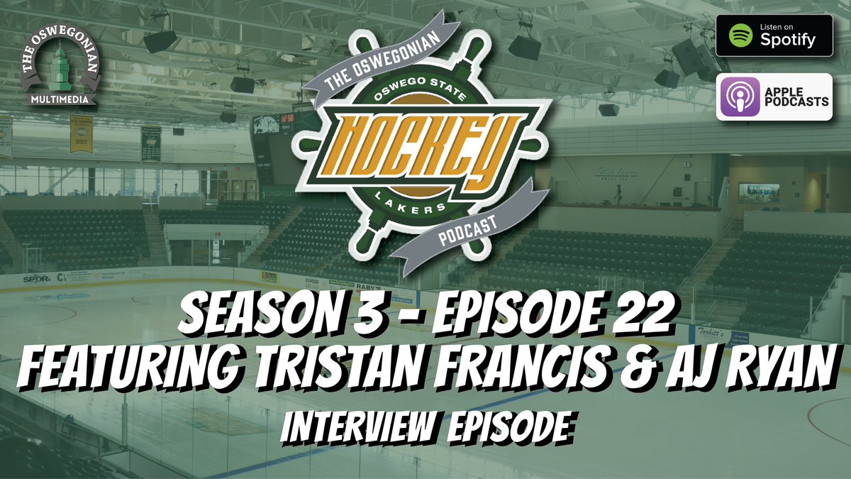 The Oswegonian Hockey Podcast releases Episode 22 which features a full interview episode with <a href="/OswegoMHockey/">Oswego Lakers Men’s Hockey</a> players Tristan Francis &amp; AJ Ryan. The guys talk with the players about their injuries and how it impacted their physical and mental health.

open.spotify.com/episode/1VRXPC…