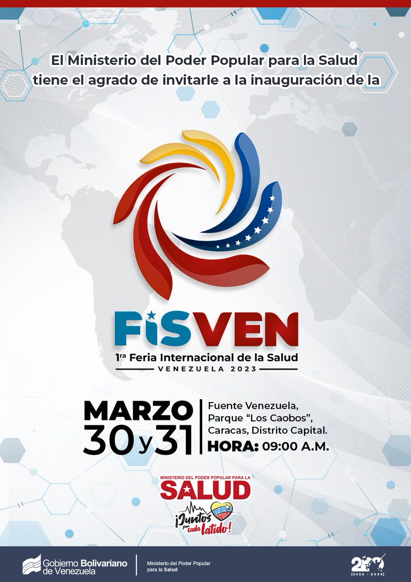 #25Mar El <a href="/MinSaludVE/">MPPSalud</a> invita a la gran inauguración de la #FisSVEN2023 que se llevará a cabo en la ciudad de Caracas el próximo 30 de marzo <a href="/NicolasMaduro/">Nicolás Maduro</a> <a href="/MagaGutierrezV/">Magaly Gutiérrez Viña</a> <a href="/Soykarinacarpio/">Karina Carpio</a>
<a href="/DraShirleySalud/">Dra. Shirley Hernández</a>
