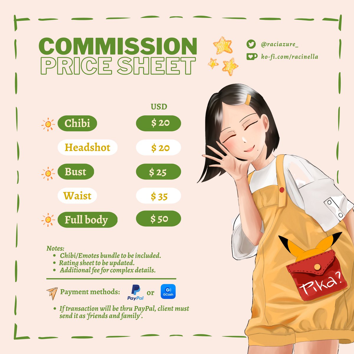 racichoo's tweet photo. Hi, I'm Raci! 

After consistent practices and a bit of improvement from the past months, which i'm very proud of, and after learning my art style, here's my updated comms sheet and some recent works. Manifesting for more commissions to come! 🌿

#arttwt #artist #commissionsopen https://t.co/AS9MHkqKhH
