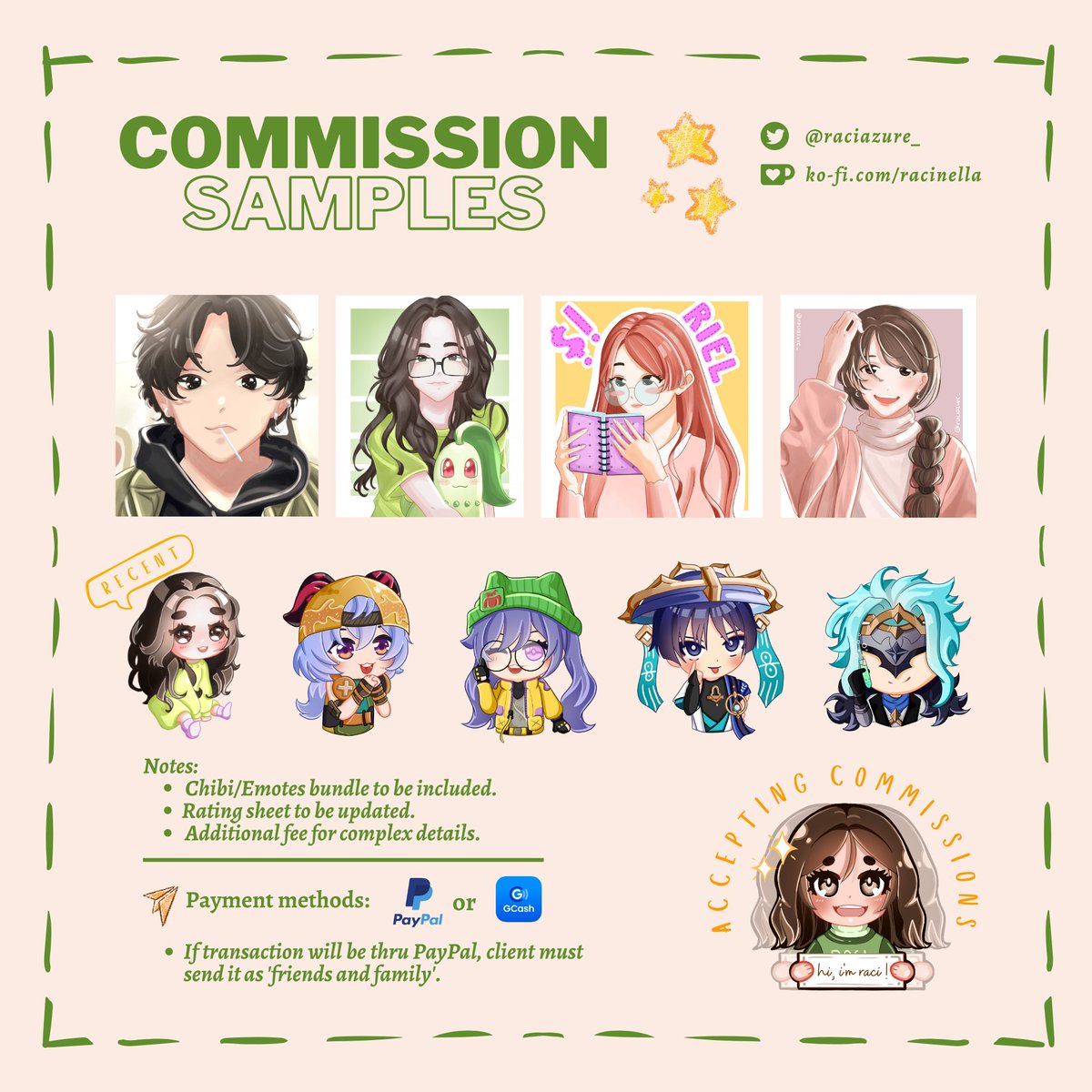 racichoo's tweet photo. Hi, I'm Raci! 

After consistent practices and a bit of improvement from the past months, which i'm very proud of, and after learning my art style, here's my updated comms sheet and some recent works. Manifesting for more commissions to come! 🌿

#arttwt #artist #commissionsopen https://t.co/AS9MHkqKhH