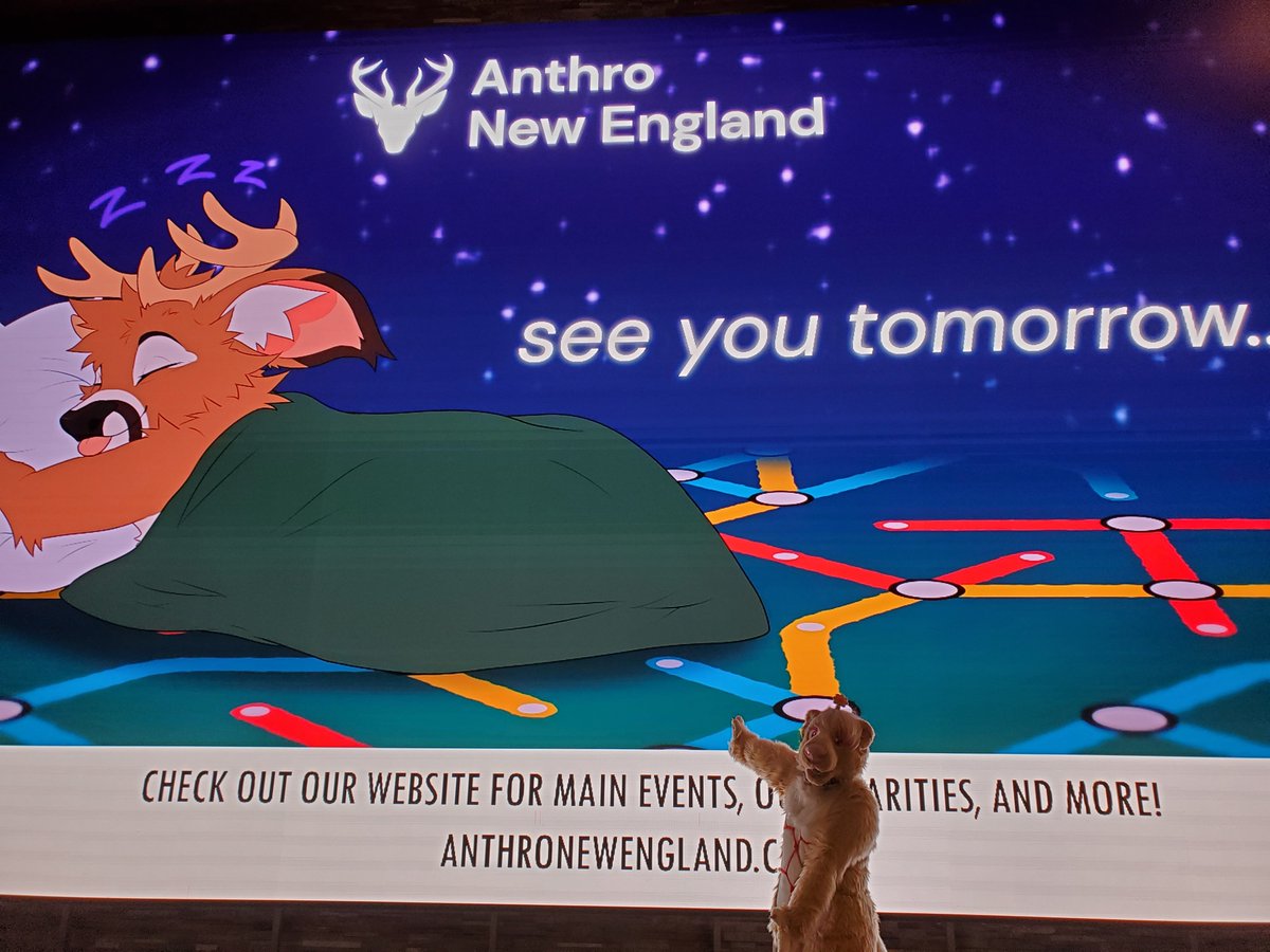 another pic from ANE 2023. I'm in my skunk suit, pointing at the giant display board in the hotel lobby. it says "see you tomorrow.... check our website for main events, our charities and more! anthronewengland.com" with a cute drawing of a sleeping deer 