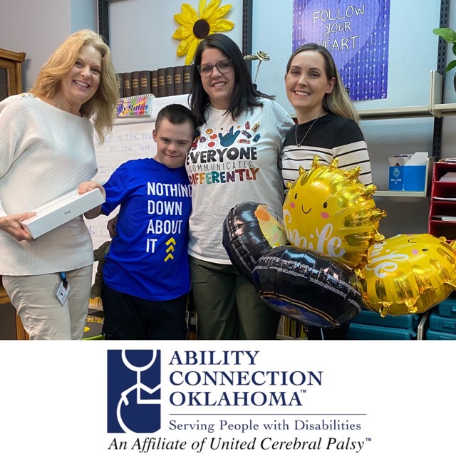 AbilityOK's tweet photo. Logan is so excited to share his words with family and friends :D  And what a great shirt to wear for World Down Syndrome Day! #acokNewVoices  Logan received an iPad with case &amp; speech app, thanks to funding from our amazing partners! https://t.co/ejR0nAVup4