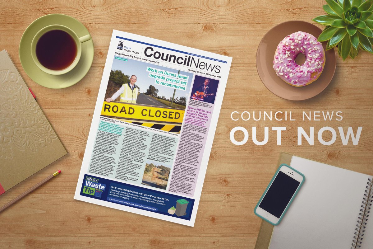 WaggaCouncil's tweet photo. In this week's issue of Council News 🥐☕🍳

🌟 Dunns Road upgrade project set to resume 🚜👷‍♂️
🌟 Take a fresh look at FRESH 💃🎶
🌟 Still time to apply Annual Grants funding + more

Read it now 👉 https://t.co/sez25d3gV6 https://t.co/2eG2rqraTH