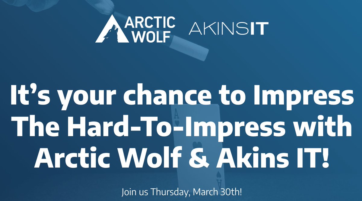 AkinsIT_inc's tweet photo. Debunk illusions and myths revolving cybersecurity with Akins IT and Arctic Wolf. Join us on March 30th for a webinar followed by a virtual interactive show by World Class Mentalist, Rmax Goodwin! Register for the event today: https://t.co/tgoweJNtFj https://t.co/XgI1EhNz52
