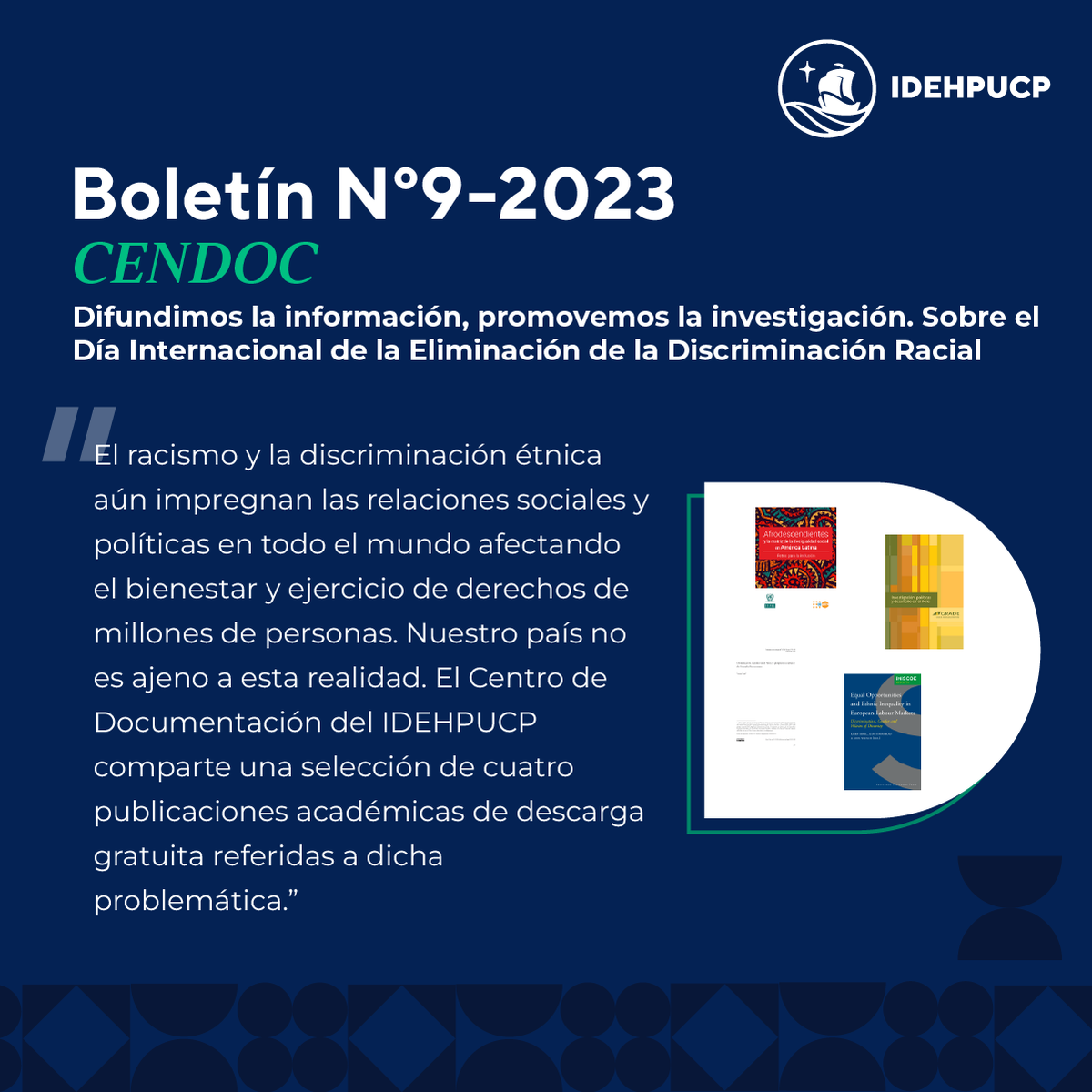 idehpucp's tweet photo. #CENDOC 📚
El Centro de Documentación de IDEHPUCP nos comparte 4 recomendaciones de textos, a propósito del Día Internacional de la Eliminación de la Discriminación Racial.

Puedes descargar las publicaciones aquí 👉https://t.co/oK7dNjehuS https://t.co/pOIMlUCQZw