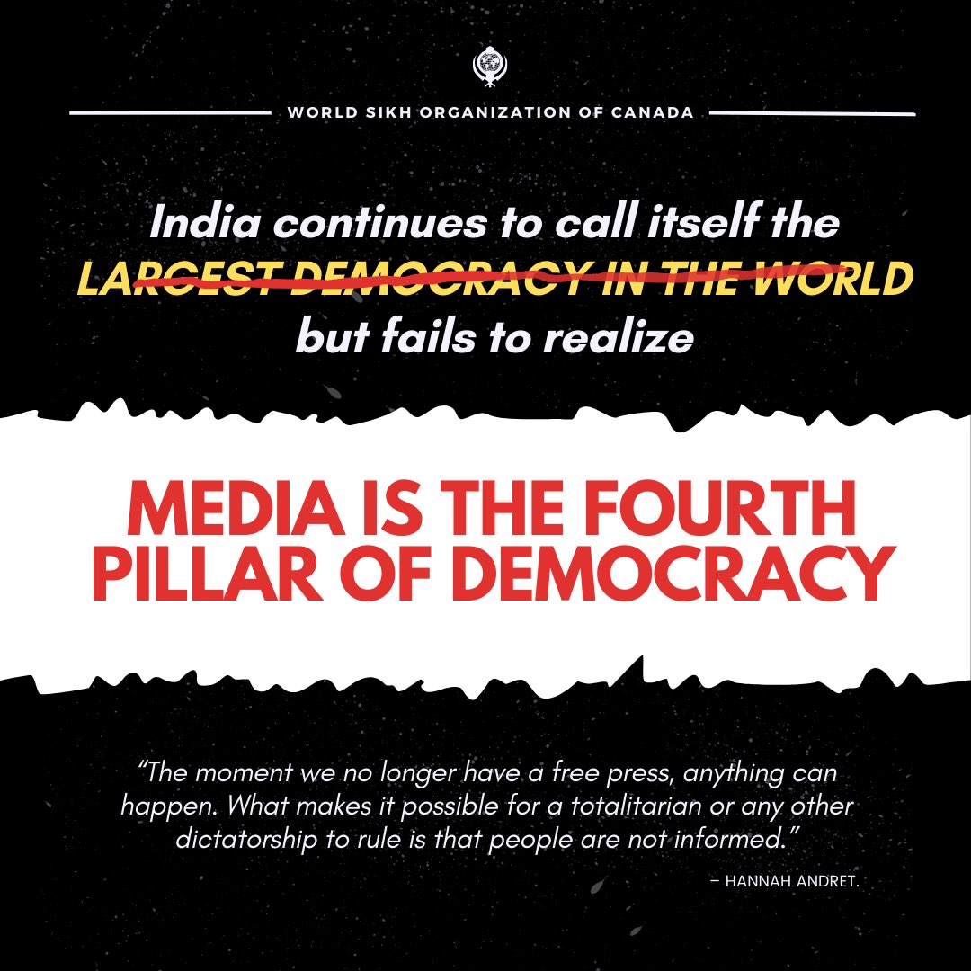 India is ranked 150th in press freedom for a reason. The rampant censorship and intimidation of Sikh journalists and outlets covering the suppression of civil liberties and democratic rights in Punjab must be called out. India is only a democracy for some.

#PunjabUnderSiege