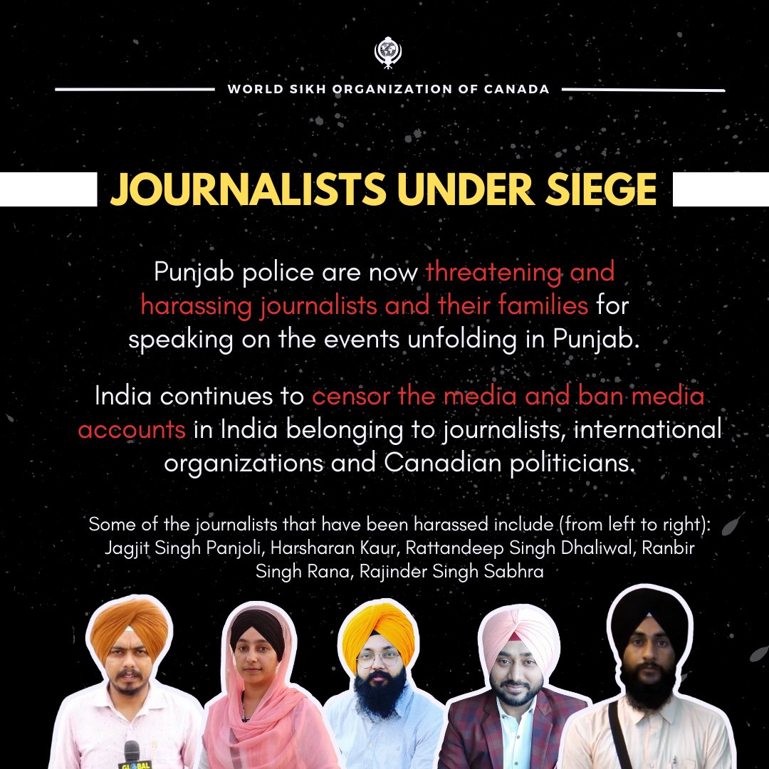 WorldSikhOrg's tweet photo. India is ranked 150th in press freedom for a reason. The rampant censorship and intimidation of Sikh journalists and outlets covering the suppression of civil liberties and democratic rights in Punjab must be called out. India is only a democracy for some.

#PunjabUnderSiege #AttackOnDemocracy