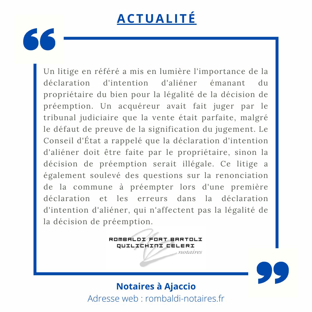 🚨 Le #ConseildEtat souligne l'importance de la déclaration d'intention d'aliéner par le propriétaire pour la légalité de la #préemption. Des erreurs dans la déclaration n'affectent pas la légalité, mais attention à qui la fait! 💡 #DroitImmobilier #Urbanisme #Propriété