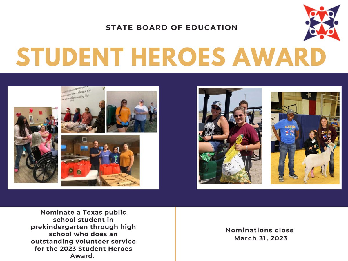 There’s one week left to nominate a Texas public school student who performs an outstanding volunteer service that benefits their peers and communities for the 2023 Student Heroes Award.

 Let’s recognize these inspiring students!  

bit.ly/2U0et0X | #txed