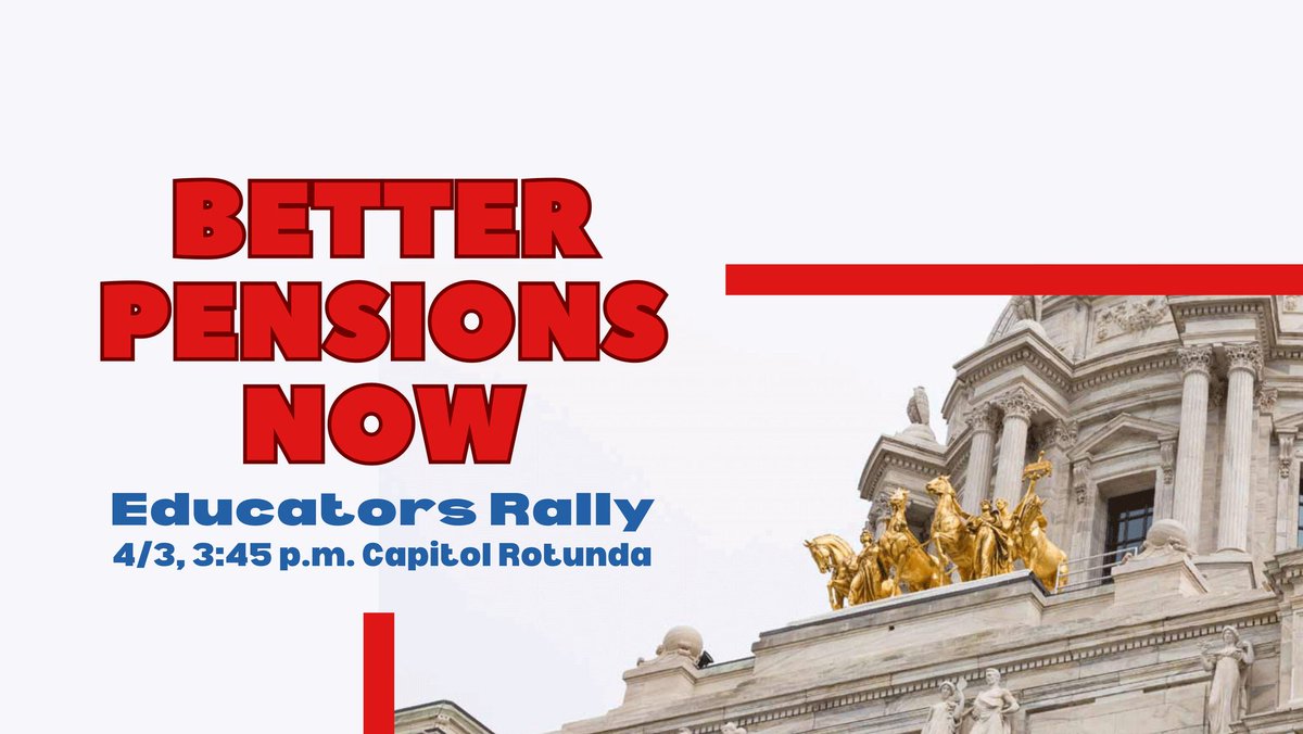 EducationMN's tweet photo. JOIN US AT THE CAPITOL on Monday, April 3 for a rally and day of action in support of pension reform! Registration &amp; other details 👉 https://t.co/EGSFmDD8j1 #mnleg #edmnvotes https://t.co/NGzYujU4IU