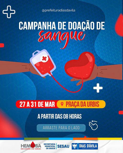 De 27 a 31 de março o Hemóvel vai estar na Praça Urbis, em frente ao Point do Feijão em Dias D'Ávila. O atendimento acontece das 8h às 16h, com 1h de intervalo para o almoço da equipe. 
Venha nos ajude a salvar vidas! #Hemovel