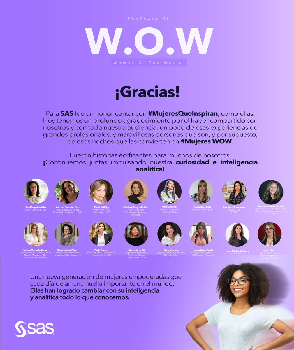 Sas_Colombia's tweet photo. #SASMujeresQueInspiran fue una jornada llena de historias de mujeres increíbles que día a día buscan su transformación personal para seguir aportando a las organizaciones y al mundo.
¡Gracias a todas las #MujeresWOW! 👩💻👩💼
Reviva la sesión, aquí: ➡ https://t.co/w318l8Z4mZ https://t.co/TySOTCvkBu