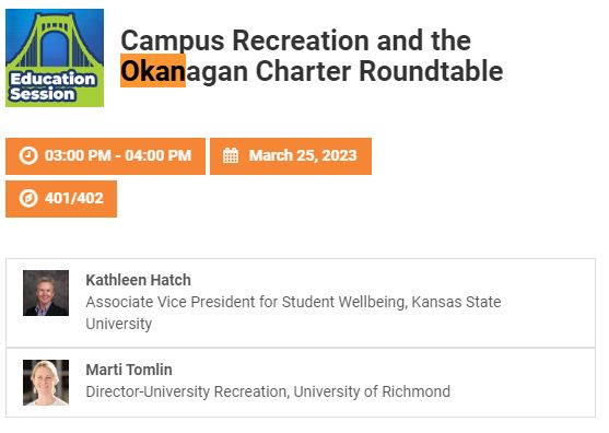 We invite you to join Kathleen Hatch and Marti Tomlin for a roundable discussion at @NIRSAlive.  

'Campus Recreation and the Okanagan Charter Roundtable' 
Date: March 25, 2023
Time: 3:00 PM

nirsa.net/conference/nir…

#USHPCN | #OkanaganCharter