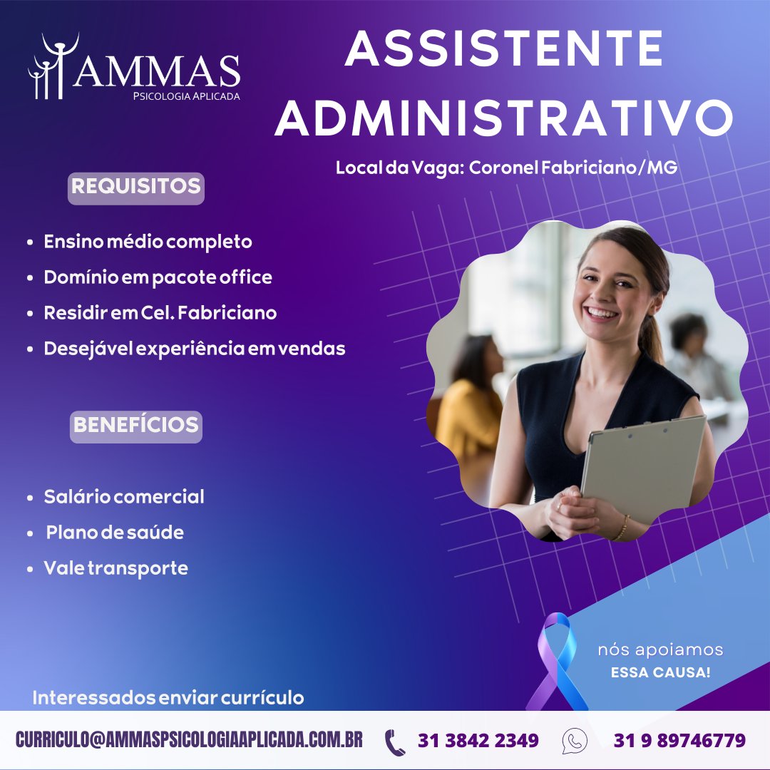 AMMASPsico's tweet photo. Se você está em busca de uma oportunidade, deseja crescer no mercado de trabalho e tem experiência na área, envie o seu currículo com o nome da vaga para:
curriculo@ammaspsicologiaaplicada.com.br

#vagasminasgerais #coronelfabriciano #vagadeemprego https://t.co/8dTappufJy
