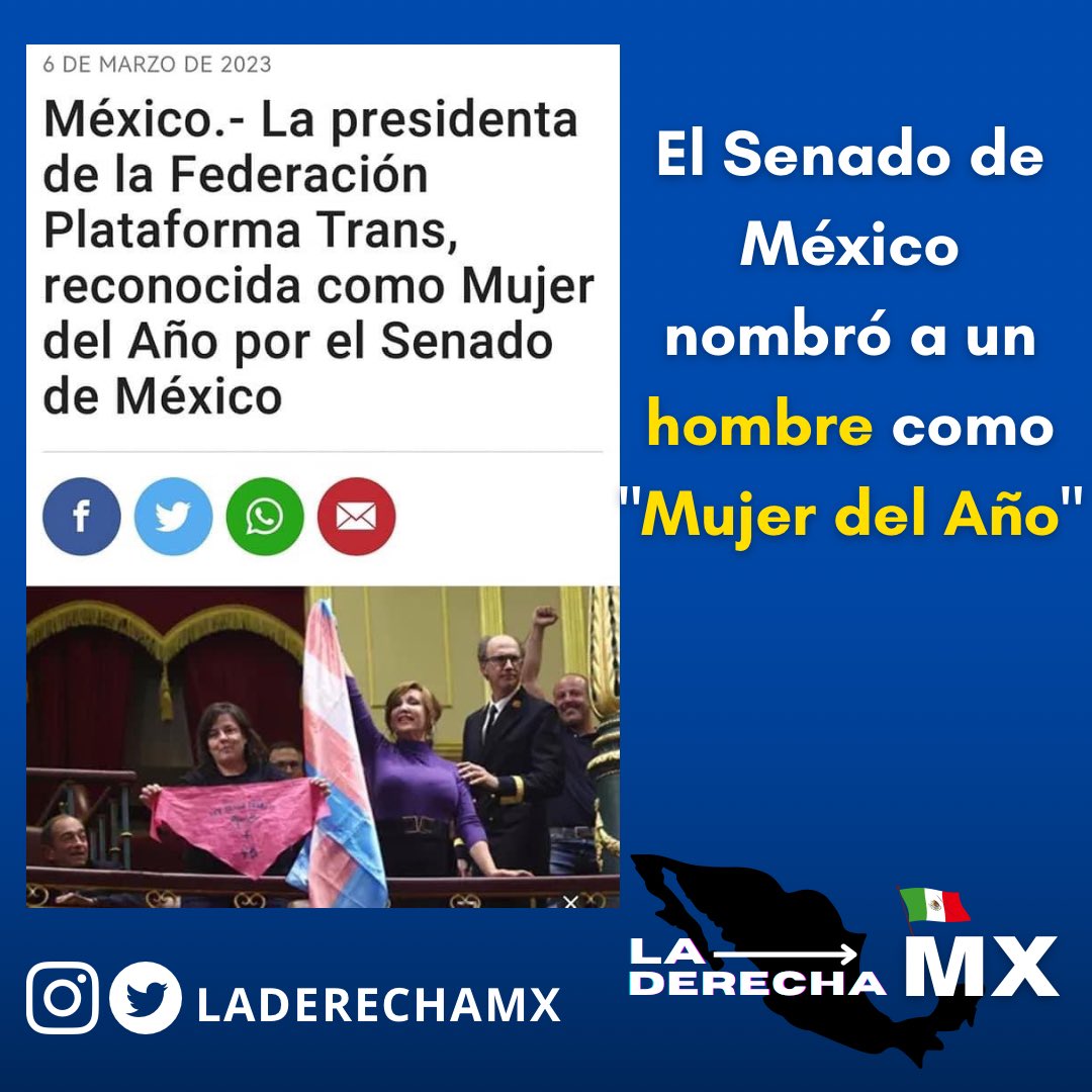 LaDerechaMX's tweet photo. El Senado de México nombró a un hombre como “Mujer del Año”

Los progres están tergiversando el concepto real y natural sobre el sexo femenino… 
URGE sacarlos de la política, economía y cultura de nuestro país YA!

#IdeologiaDeGenero #NOalaIdeologiaDeGenero #Agenda2030 https://t.co/MJRLZIdiOX
