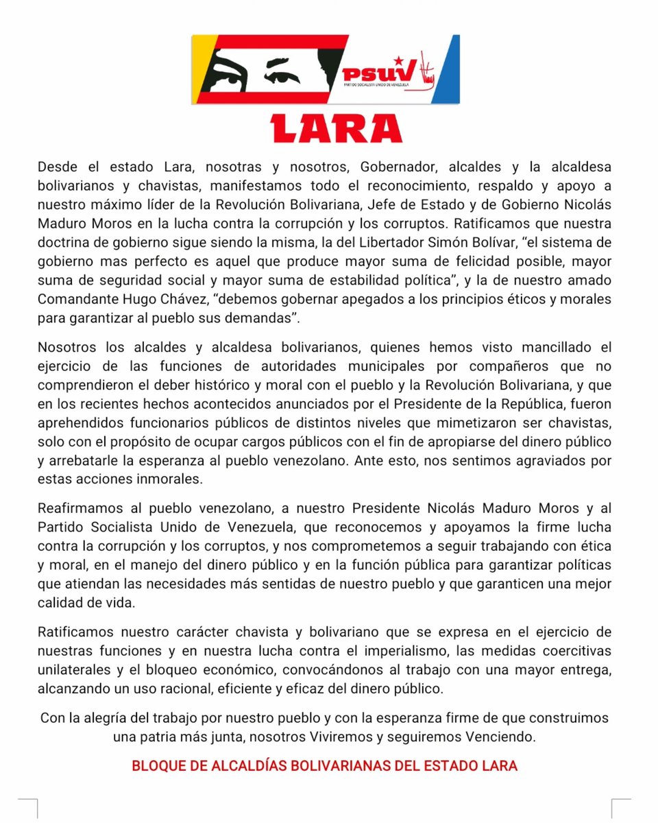 Aquí estamos desde Lara, con sus alcaldes y alcaldesa, junto al gobernador <a href="/AdolfoP_Oficial/">Adolfo Pereira Gobernador</a>
 
Y con la moral bien en alto, manifestamos todo
nuestro apoyo a las medidas emprendidas por el Presidente <a href="/NicolasMaduro/">Nicolás Maduro</a>, en la lucha #UnidosContraLaCorrupcion 

#24Marzo