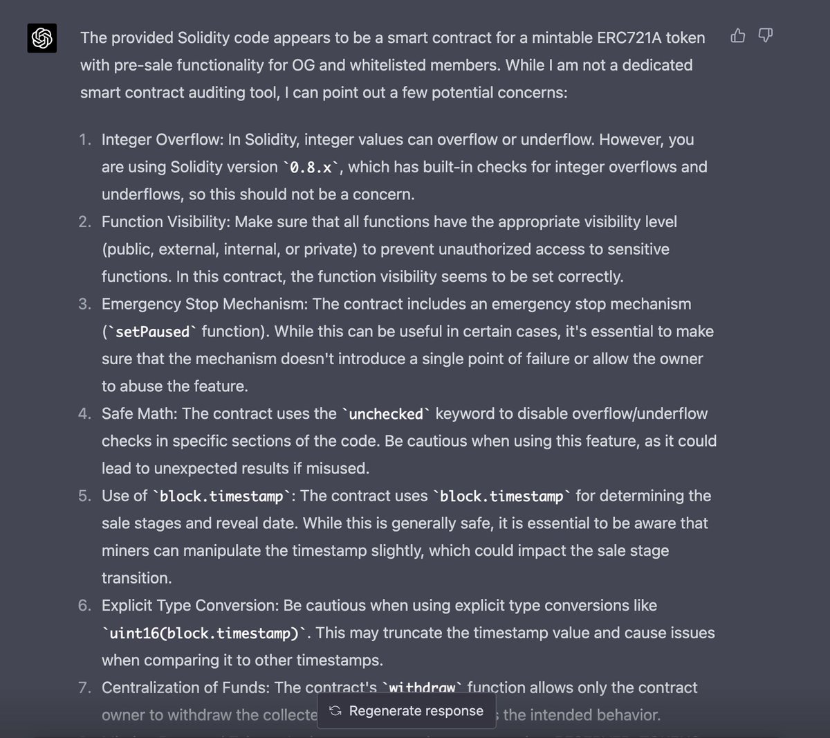 eikenn99's tweet photo. Just used GPT-4 to audit my solidity code 🤖🔍 So impressed by how AI is making our lives easier and more efficient! What's your fave AI experience? #AI #GPT4 #TechForGood #FutureIsNow #generatedbygpt4 #programming #coding #SoftwareEngineer #SoftwareDeveloper https://t.co/iI6LSbhQWA