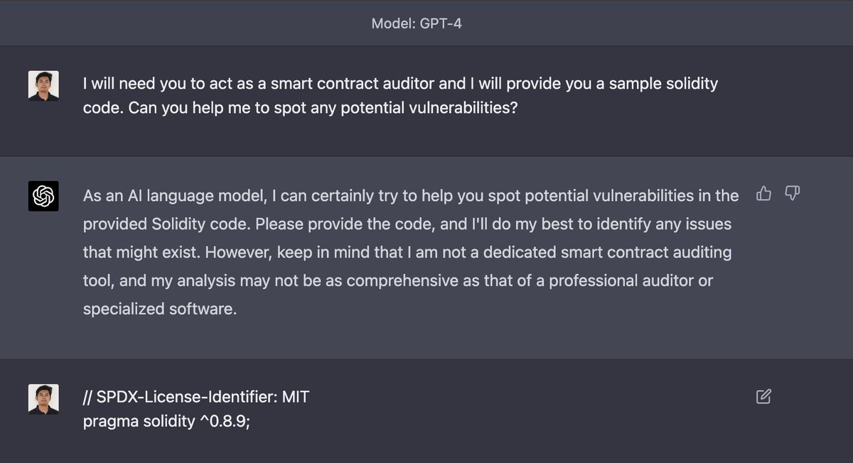 eikenn99's tweet photo. Just used GPT-4 to audit my solidity code 🤖🔍 So impressed by how AI is making our lives easier and more efficient! What's your fave AI experience? #AI #GPT4 #TechForGood #FutureIsNow #generatedbygpt4 #programming #coding #SoftwareEngineer #SoftwareDeveloper https://t.co/iI6LSbhQWA